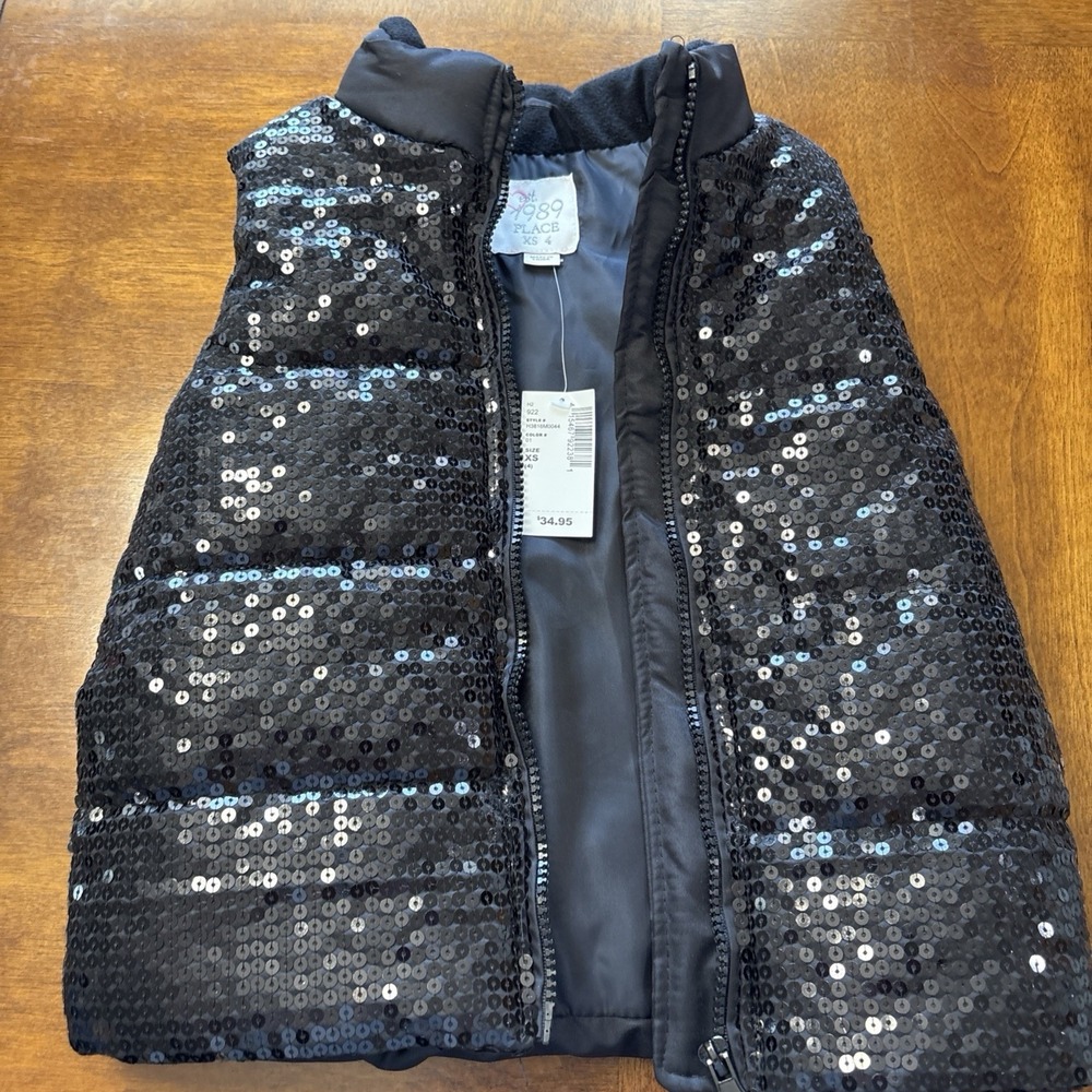 Children's Place Sequined Puffer Vest Black Size 4 XS NWT